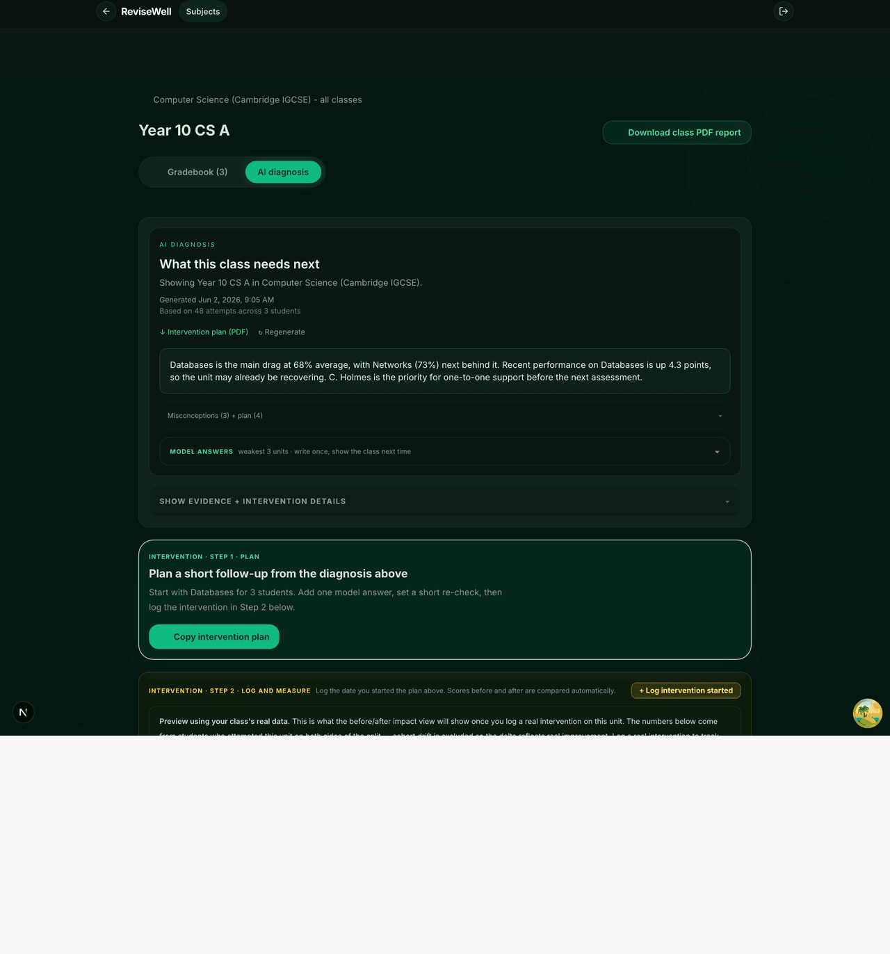 AI diagnosis card: class score patterns with misconception evidence
