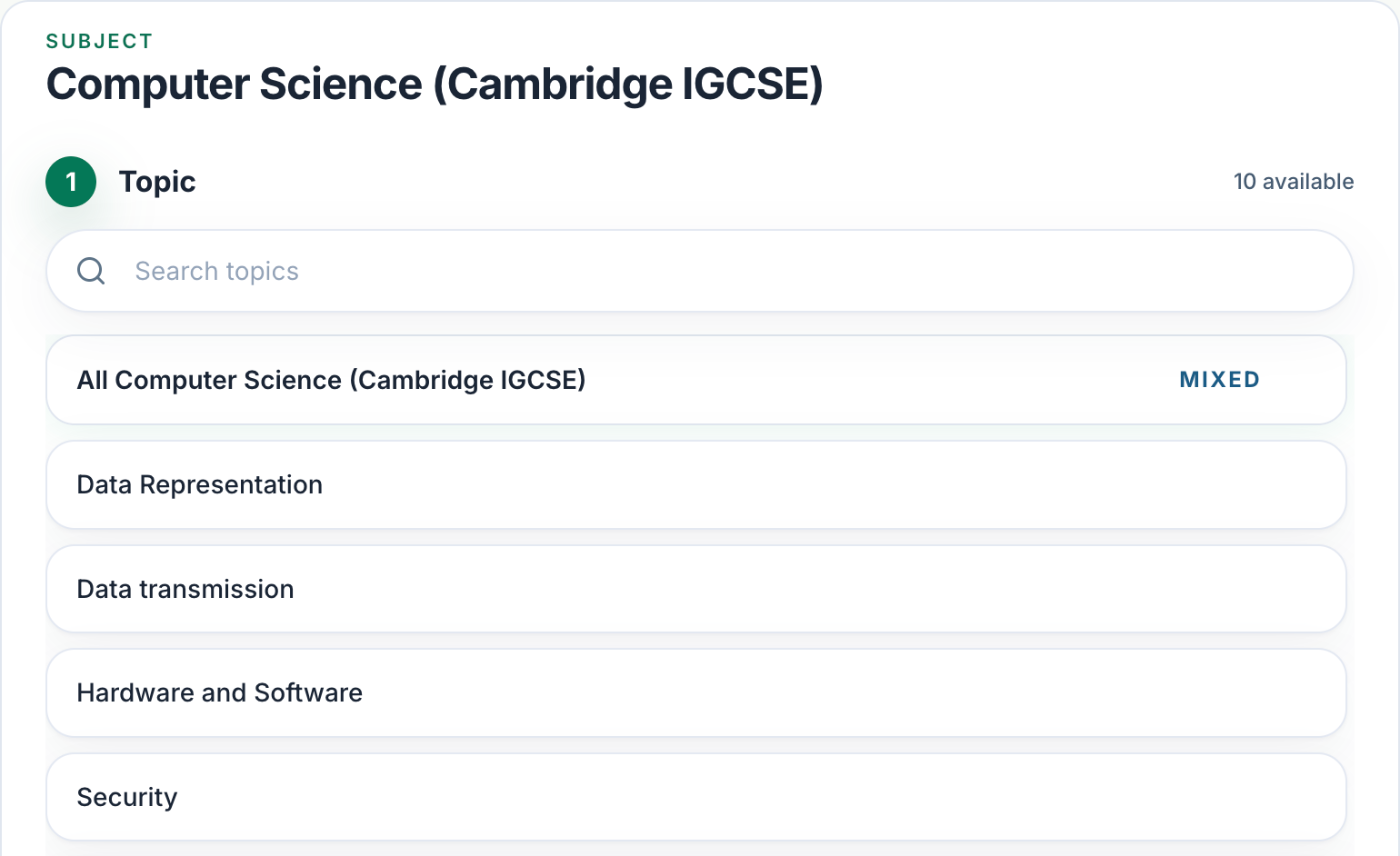 Pick a topic: They choose an IGCSE Computer Science topic and how many questions.